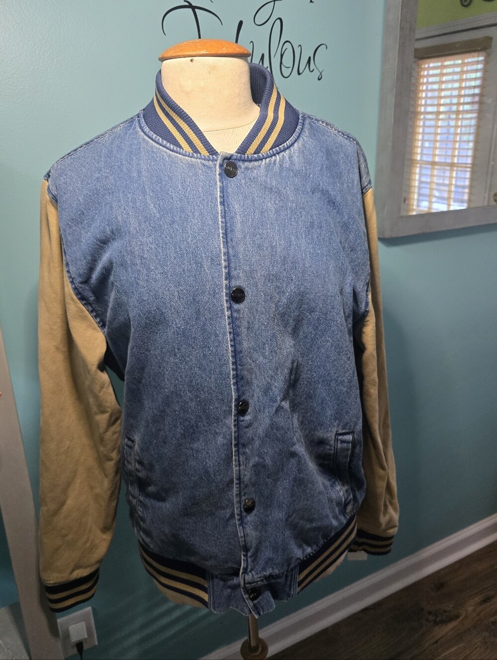 Vintage Guess Denim Bomber Jacket with Tan Sleeves